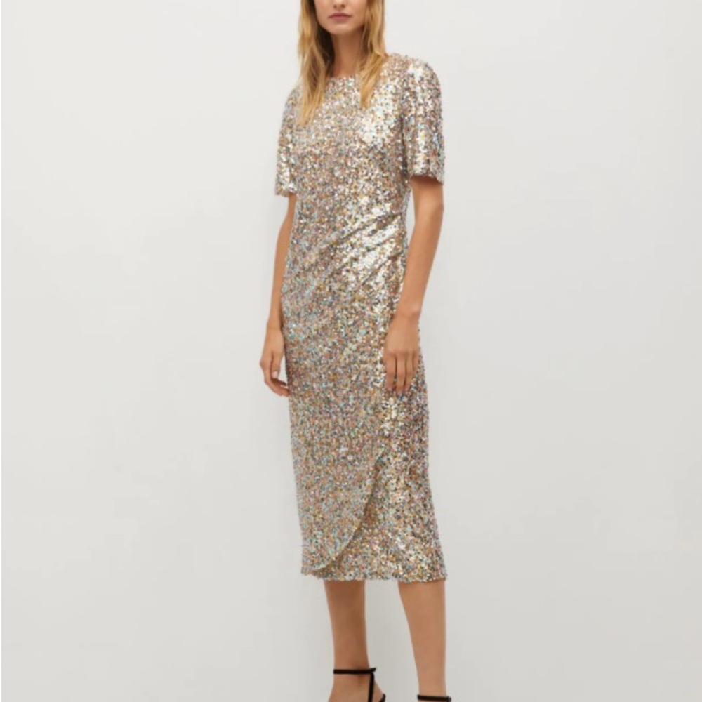 NEW Mango Gold & Multicolor Sequin Midi Wrap Dress